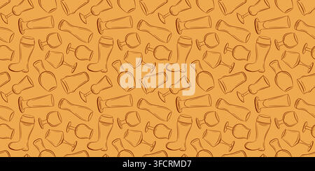 Seamless beer glass and drinking vessel pattern in line art style. Repeating beverage texture for bar menu, pub wallpaper, packaging, textile and Stock Vector
