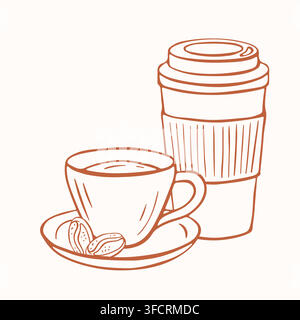 Coffee cup with saucer and beans, takeaway paper cup. Hand drawn outline sketch. Beverage concept. Vector illustration for cafe, menu, banner Stock Vector