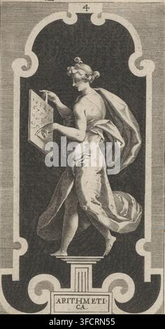 Personification of Mathematics (Arithmetica), Septem Artium Liberalium icones, Seven Liberal Arts in pictures, print, Series number, 4, printmaker: Lucas Kilian, publisher: Jakob von Sandrart, 1640 - 1708, paper, engraving, height 159 mm x width 82 mm, 'Arithmetica' (, quadrivium), 'Aritmetica' (Ripa), the liberal arts, 'Artes Liberales', arithmetic., A grayscale engraving of a robed female figure standing on a pedestal within an ornamental arched frame, shown in profile facing left while holding a slanted tablet; her hair is styled in a braided updo, a flowing drapery wraps around her body Stock Photo