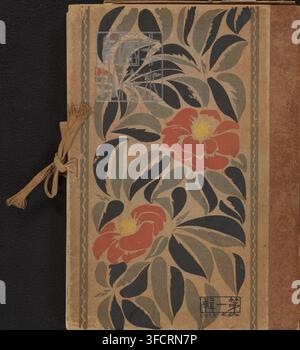 Collection of prints by Hisui - the first series, Hisui zuanshu - dai isshu, book, Brown hard cardboard cover with a pattern of flowering camellias between green and black leaves and the title in silver in the upper left, inside, colophon, contents: 50 numbered sheets (complete) with designs in various techniques, portrait of the artist in a paper cover on which on the front, title and a black triangle with an image of a man and woman in snail shells, and on the inside, a preface by the artist. Preserved in brown and white checkered cover., printmaker: Sugiura Hisui, Japan, block cutter: Haseg Stock Photo