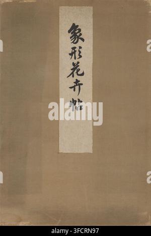 Large-format flowers - part one, Zokei kaben cho, picture album, Leporello album, part one (of three), olive-colored cover with white title strip at the top center, 15 sheets: three pages, calligraphy, two pages, table of contents, 12 images, each spanning two pages, of peonies, last page, colophon., printmaker: Tanigami Konan, Japan, printer (person): Yamada Naosaburo, Kyoto, 1923-05-15, printer (person), Kinki, paper, color woodcut, blind-stamped, black line block with color blocks, blind embossing, height 393 mm x width 264 mm, height 393 mm x width 527 mm, flowers, peony., A vertical Stock Photo
