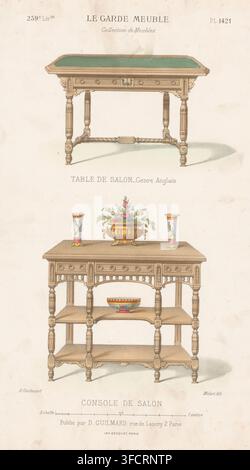 Table de salon Genre Anglais, Console de salon, Two coffee tables, Le garde-meuble, Collection de Meubles, print, Series number, 1421, Two coffee tables. Print from 239th Livraison., printmaker: Midart, printer (person): Becquet, Paris, publisher: Désiré Guilmard, 1839 - 1885, printer (person), paper, lithography, hand coloring, hand-colored, height 359 mm x width 278 mm, table., The image shows two illustrated wooden furniture pieces on a light background, one near the top and one below it. The top piece is a rectangular table with a green inset top, carved apron details, turned legs with Stock Photo