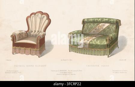 Two armchairs, Armchair genre élégant, Causeuse canons, Le garde-meuble, Collection de Sièges, print, Series number, 1797, Two armchairs. Print from 302e Livraison., printmaker: Léon Laroche, printer (person): Becquet frères, Paris, publisher: Eugène Maincent, publisher: Désiré Guilmard, 1885 - 1895, printer (person), paper, lithography, hand coloring, hand colored, height 274 mm x width 358 mm, seating furniture., Two upholstered chairs are shown on a pale background. The chair on the left has a scalloped high back with cream-colored tufted upholstery outlined by a reddish-brown frame, Stock Photo