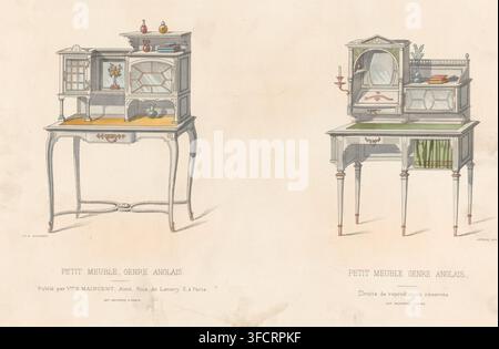 Two writing furniture, Petit meuble, genre Anglais, L'ameublement, Collection Simple, print, Series number, 3201, Two writing furniture. Print from 301e Livraison., printmaker: Léon Laroche, printer (person): Monrocq, Paris, publisher: widow Eugène Maincent, 1895, Léon Laroche, Monrocq, widow Eugène Maincent, printmaker, printer (person), publisher, paper, lithography, hand coloring, hand colored, height 272 mm x width 359 mm, writing-table, writing-desk., Two small decorative tables are drawn side by side on a light paper background. The table on the left has a slender frame with curved legs Stock Photo