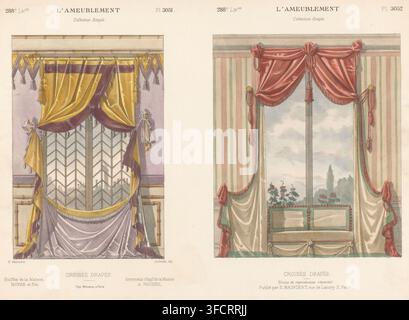 Two windows with curtains, Croisée drapée, L'ameublement, Collection simple, print, Series number, 3051, Two windows with draped curtains. Print from 288e Livraison., printmaker: Léon Laroche, printer (person): Monrocq, Paris, publisher: Eugène Maincent, publisher: Désiré Guilmard, 1885 - 1895, Léon Laroche, Monrocq, Eugène Maincent, Désiré Guilmard, printmaker, printer (person), publisher, paper, lithography, hand coloring, hand colored, height 276 mm x width 358 mm, hangings and drapery, window., The image shows two adjacent decorative window treatments on a single sheet, each framed by a Stock Photo