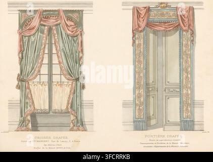 Window and door with curtains, Croisée drapée, Portière drapée, L'ameublement, Collection simple, print, Series number, 3349, A window and door with draped curtains. Print from 313e Livraison., printmaker: Chanat, printer (person): Monrocq, Paris, publisher: widow Eugène Maincent, 1895, Chanat, Monrocq, widow Eugène Maincent, printmaker, printer (person), publisher, paper, lithography, hand coloring, hand colored, height 277 mm x width 355 mm, hangings and drapery, window, door., The image shows two adjacent interior views of ornate drapery and door treatments on a light background; the left Stock Photo
