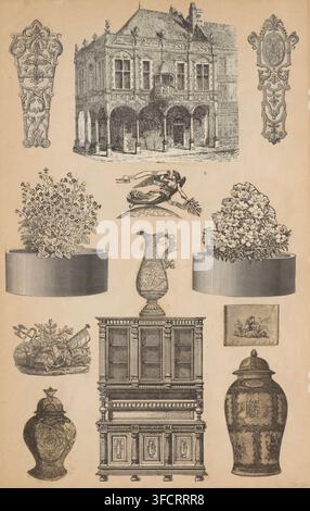 A vertically oriented page shows a series of detailed black ink illustrations on a beige background. Near the top center is a drawing of a two-story building with arched openings on the ground level, rectangular windows on the upper level, ornate facade decoration, and a steep roof with chimneys. Flanking the building are two elongated decorative cartouche-like designs with scrollwork and floral motifs. Below the building is an image of a reclining winged female figure holding a branch above a hemispherical shape. On either side of the central figure are two round planter-like containers, each Stock Photo