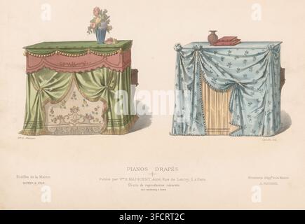 Pianos drapés, Pianos with draperies, Le Garde-Meuble, Collection de Tentures, print, Series number, 1017, Two pianos with draperies. Print from 343e Livraison., 'Droits de reproduction réservés.', printmaker: Léon Laroche, Paris, after design by widow Eugène Maincent, printer (person): Monrocq, 1895 - c. 1910, printer (person), paper, lithography, hand coloring, hand colored, height 278 mm x width 360 mm, hangings and drapery, pianoforte., Two upholstered surfaces covered with decorative draped fabrics stand side by side on a pale background, the left one topped by a green flat cover with a Stock Photo