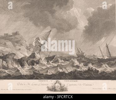 Seascape with shipwreck during storm, Tempête, Ve. Veüe d'Italie, print, printmaker: Jacques-Philippe Le Bas, Paris, after painting by Abraham Storck, publisher: Jacques-Philippe Le Bas, dedicated by: Jacques-Philippe Le Bas, dedicated to: Louis Louisson, France, 1717 - 1783, Jacques-Philippe Le Bas, Abraham Storck, Louis Louisson, printmaker, after painting by, publisher, paper, etching, engraving, height 392 mm x width 505 mm, storm at sea, wreck ashore., A wide seascape showing turbulent waves and foamy surf under a dramatic cloudy sky, with several sailing ships struggling in rough water; Stock Photo