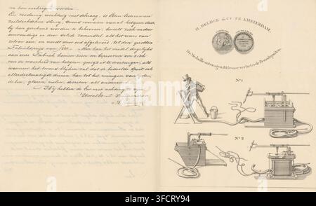 The medal received in 1825 for improved fire engines, Two images of fire engines and a written text, print, letter, A written text by H. Belder & Co. about the fire engine manufacturing company established in Amsterdam. Next to it two images of fire engines and above it two sides of a medal, received in 1825 for improved fire engines., Netherlands, writer (clerical worker): Belder & Co., H., Amsterdam, c. 1825 - c. 1893, printmaker, writer (clerical worker), paper, lithography, etching, lithographed letter with etching on a folded sheet of paper, height 261 mm x width 211 mm, fire-extinguishin Stock Photo