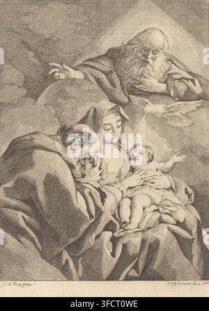 The Holy Family, print, printmaker: Louis Joseph Le Lorrain, Paris, after painting by Jean-François de Troy, c. 1742 - c. 1745, paper, etching, height 286 mm x width 202 mm, Holy Family, and derived representations, representation of the Trinity: symbol (Father), person (Son), dove (Holy Ghost)., An engraved scene shows a bearded elderly man with long hair and flowing robes leaning over from above, his hand extended, while a woman with a hooded garment cradles an infant who reaches outward; another older man with a bowed head and folded hands presses them together near his face, and a dove Stock Photo