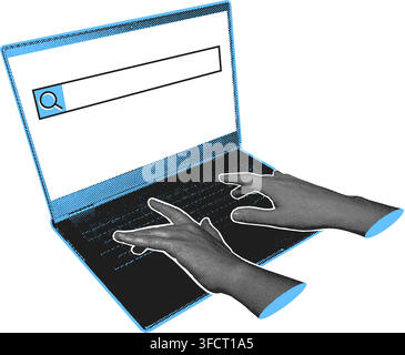 Halftone Hands Typing Laptop Search Bar White Illustration Stock Vector