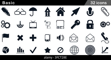 Vector illustration set of 32 basic UI icons featuring home, key, lock, email, telephone, settings gears, chart, target, and navigation symbols. Stock Vector