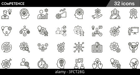 Vector illustration set of 32 competence icons featuring skill development, expertise, qualification, performance, efficiency, and line symbols. Stock Vector