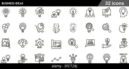 Vector illustration set of 32 business ideas icons featuring light bulb, startup rocket, solution gear, creative mind, and line symbols. Stock Vector