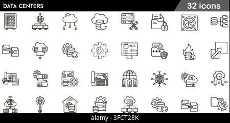 Vector illustration set of 32 data centers icons featuring server rack, cloud storage, database security, cooling fan, and network line symbols. Stock Vector