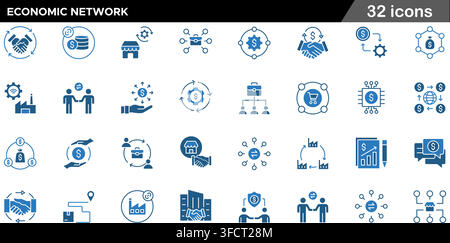 Vector illustration set of 32 economic network icons featuring business deal, currency exchange, global market, financial flow, and trade symbols. Stock Vector