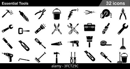 Vector illustration set of 32 essential tools icons featuring hammer, screwdriver, drill, pliers, saw, wrench, paint brush, and hardware symbols. Stock Vector