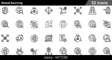 Vector illustration set of 32 global sourcing icons featuring international trade, supply chain, freight delivery, worldwide logistics, and import lin Stock Vector