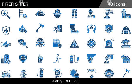 Vector illustration set of 40 firefighter icons featuring fire truck, helmet, axe, hydrant, extinguisher, oxygen tank, and emergency symbols. Stock Vector