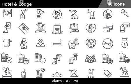 Vector illustration set of 40 hotel and lodge icons featuring room key, swimming pool, pet friendly, booking, luggage, and hospitality line symbols. Stock Vector