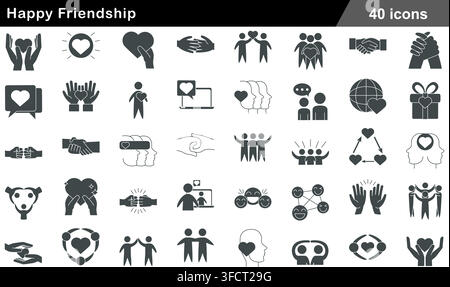 Vector illustration set of 40 happy friendship icons featuring heart hands, fist bump, group hug, online support, high five, and empathy symbols. Stock Vector