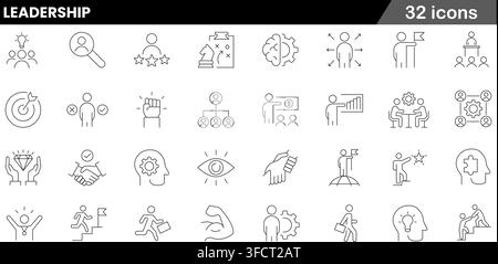 Vector illustration set of 32 leadership icons featuring business strategy, team leader, goal achievement, decision making, and vision line symbols. Stock Vector