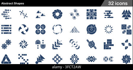 Vector illustration set of 32 abstract shape icons featuring geometric symbols, minimalist branding elements, logos, and creative design patterns. Stock Vector