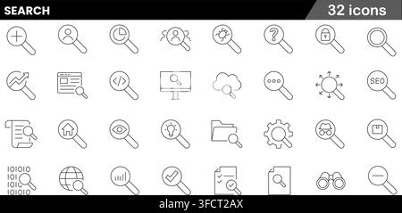 Vector illustration set of 32 search icons featuring zoom in, user search, analytics, code inspection, cloud search, SEO, and document lookup symbols. Stock Vector