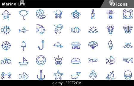 Vector illustration set of 40 marine life icons featuring sea turtle, octopus, whale, dolphin, crab, lighthouse, anchor, and nautical line symbols. Stock Vector