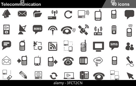 Vector illustration set of 40 telecommunication icons featuring mobile phone, router, satellite dish, envelope, signal, SMS, and telephone symbols. Stock Vector