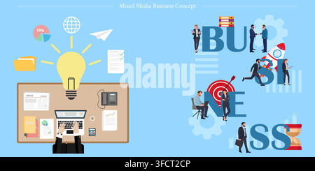 Vector illustration set of mixed media business concepts featuring workplace desk layout with big idea lightbulb and business lettering team scene. Stock Vector