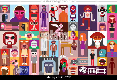 Vector illustration set of artistic collage characters featuring pop art portraits, colorful abstract avatars, diverse people, and creative figures. Stock Vector