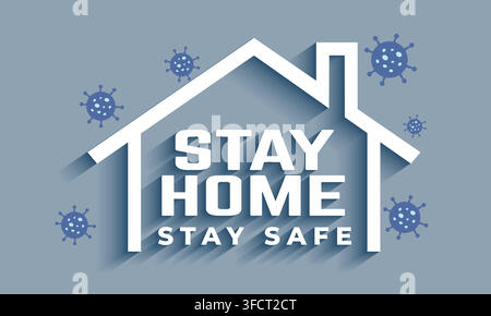 Vector illustration set of stay home stay safe campaign concept featuring house frame icon, long shadow text, and virus cells on grey background. Stock Vector