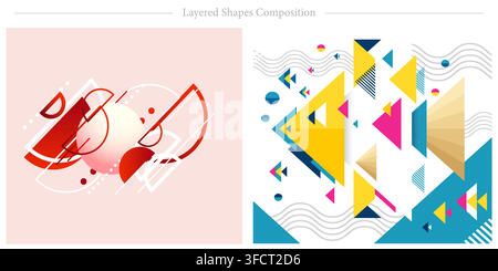 Vector illustration set of layered shapes composition including red semi circles construct and colorful geometric triangle composition with wave lines Stock Vector