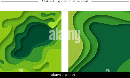 Vector illustration set of abstract paper cut layered backgrounds featuring green fluid shapes, topographic depth, eco design, and copy space. Stock Vector