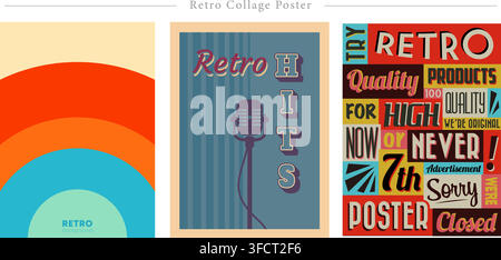 Vector illustration set of retro collage posters including vintage rainbow arches, retro hits music poster with microphone, and typography collage. Stock Vector