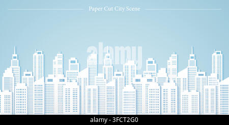 Vector paper cut style illustration of modern city skyline with layered white skyscrapers, urban landscape, property design, and blue sky background. Stock Vector