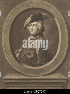 Portrait of Frederick the Great, print, printmaker: Richard Houston, after painting by Antoine Pesne, 1731 - 1775, paper, mezzotint, proof, height 388 mm x width 254 mm, Person, Frederick II (King of Prussia), historical persons, commander-in-chief, general, marshal., A sepia-toned oval portrait set within a stone frame shows a person turned three quarters to the viewer, wearing a large ornate hat with a bow and a feather, curled powdered hair, a high-necked garment with a ruffled collar, and a draped cloak with an embroidered medallion on the chest; the portrait is mounted above a stepped Stock Photo