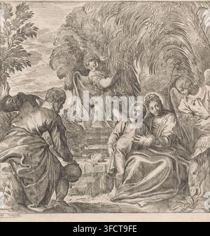 Holy Family served by angels, print, printmaker: Pierre Brebiette, after painting by Paolo Veronese, 1608 - 1650, paper, etching, height 320 mm x width 302 mm, Holy Family, and derived representations, angel(s) represented as child(ren)., A detailed monochrome engraving shows a group of robed figures gathered around a seated woman holding a child on her lap, both with halos; a bearded man kneels nearby with a water jug in hand and another older man leans forward at left; two winged angels with flowing garments hover above and behind, one pouring water and the other looking down; a tree with ab Stock Photo