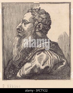 A 17th-century etching of a bearded man in profile, wearing ornate clothing. Portraits de Pierre Aretin", a set of portraits. Stock Photo