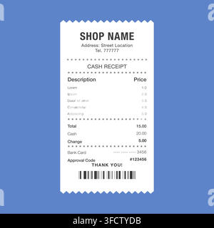 Minimalist Cash Receipt with Barcode on Blue Background Vector Illustration Stock Vector