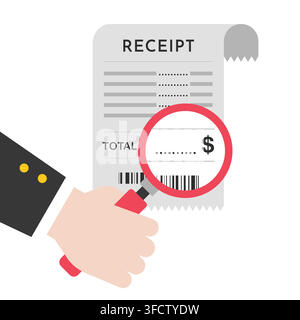 Financial Receipt Analysis with Magnifying Glass on White Background Vector Illustration Stock Vector
