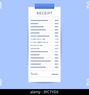 Long Printed Receipt with Itemized List and Total Cost on Light Blue Background Vector Illustration Stock Vector