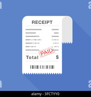 Folded Receipt with Paid Stamp and Barcode on Blue Background Vector Illustration Stock Vector