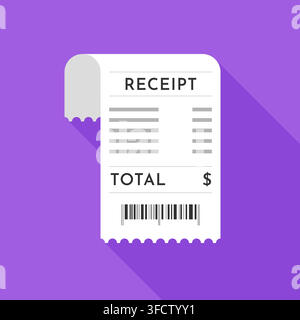 Flat Design Shopping Receipt with Barcode on Vibrant Purple Background Featuring Long Shadow Effect Stock Vector