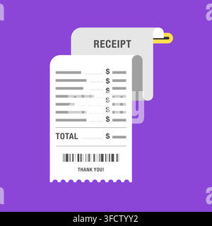 Thermal Receipt Printing from Terminal with Dollar Signs and Barcode on Purple Background Stock Vector