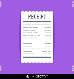 Flat Style Receipt Document with Shadow and Detailed Text on Purple Square Background Illustration Stock Vector