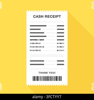 Detailed Cash Receipt with Barcode on Yellow Background Vector Illustration Stock Vector