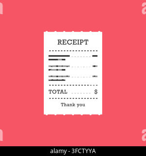 Minimal Paper Receipt with Simple Layout and Dollar Symbol on Red Background in Flat Vector Style Stock Vector